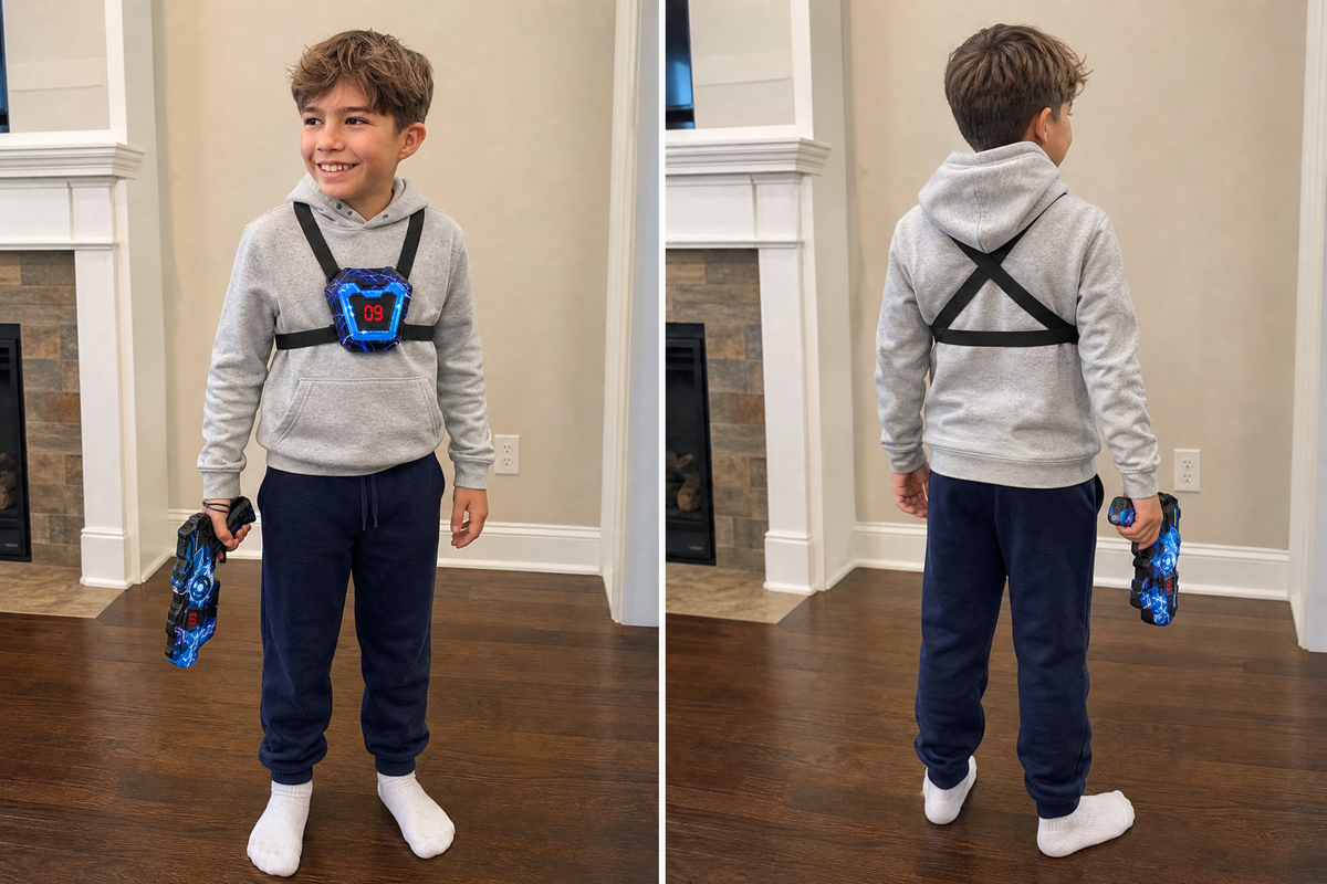 Kid wearing the GlowWars LED chest target