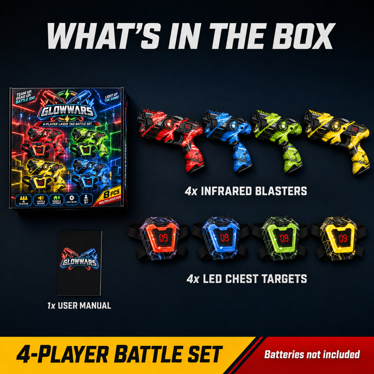 What's in the box - GlowWars 4-player battle set