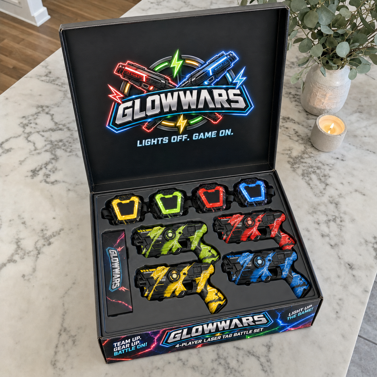 Open GlowWars box with 4 blasters and 4 chest targets